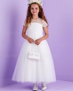 Jewel Lace Bodice Tulle White First Communion Dress with Short Sleeves FG1034 Elegant First Communion Dress With Short Sleeves, First Communion Tulle Dress With Lace Bodice, White Lace Short Sleeve First Communion Dress, Elegant White Short Sleeve First Communion Dress, White Communion Dress, First Communion Dress With Lace Bodice, Tulle, Holy Communion Dresses, First Communion Dress, Spring Wedding Dress