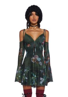 Delia's Stretchy Mesh Floral Art Off-The-Shoulder Mini Dress - Multi – Dolls Kill Spring Off-shoulder Mini Dress With Sheer Sleeves, Spring Sheer Sleeved Off-shoulder Mini Dress, Fitted Fall Dress With Tie Sleeves, Off-shoulder Sheer Mini Dress For Spring, Sheer Off-shoulder Mini Dress For Spring, Spring Dresses With Tie Sleeves And Fitted Design, Bohemian Fitted Dress With Sheer Sleeves, Fitted Dresses With Tie Sleeves For Spring, Fitted Bohemian Dress With Sheer Sleeves