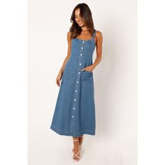 This midi dress in denim is the perfect addition to your wardrobe! It's designed with functional button down close and front pockets. Featuring a shirred back panel for extra comfort. Button Down Denim Dress, Petal And Pup, Maxi Dress Outfit, Denim Maxi Dress, Target Clothes, Dress With Tie, Button Down Dress, Overall Dress, Outfit Idea