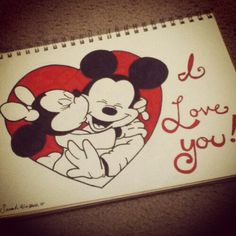 a drawing of mickey and minnie kissing in front of a heart with i love you written on it