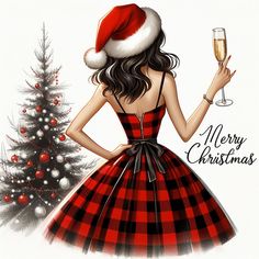 a woman in a red and black dress holding a glass of wine with a christmas tree behind her