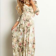 Nwot Pinkblush Floral Maternity Maxi Dress. Very Comfy, Flowy, And Perfect For A Baby Shower Dress! Elegant V-neck Maternity Dress For Spring, Fitted V-neck Maternity Dress With Floral Print, Blush Flowy Maxi Dress For Spring, Summer Beige Maternity Dress, Cream Maternity Dress For Spring, Flowy Maternity Dress For Spring, Flowy Spring Maternity Wear Dresses, Flowy Maternity Spring Dresses, Long Sleeve Blush Dress For Spring