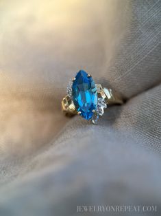 Formal Marquise-cut Blue Topaz Ring, Blue Marquise-cut Topaz Ring, Luxury Vintage Blue Topaz Jewelry, Vintage Blue Multi-stone Ring, Vintage Blue Topaz Hallmarked Ring, Marquise Ring, Personalized Ring, The 1990s, Gold Confetti