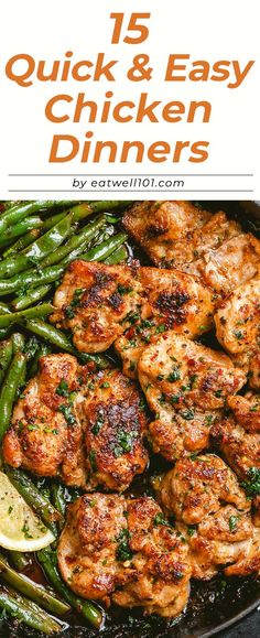 chicken and green beans in a skillet with the title, lemon garlic butter chicken