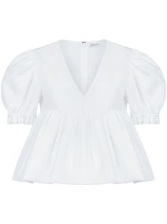 optical white cotton tonal stitching ruffled detailing V-neck short puff sleeves elasticated cuffs peplum waist straight hem Puff Sleeves Blouse, Drape Sleeves, Blouse Price, Bow Blouse, Silk Mini Dress, Puff Sleeve Blouse, Satin Blouse, Cotton Blouse, Blouse White