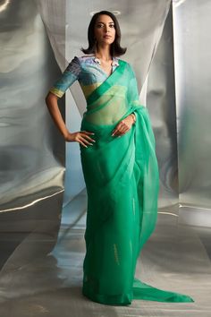 Green saree with placed zari embroidered floral vine motifs. Comes with embroidered patchwork panel blouse. - Aza Fashions Festive V-neck Saree With Dupatta, Traditional V-neck Saree For Puja, Georgette V-neck Blouse With Zari Work, Green Tissue Silk Blouse With Dupatta, Traditional V-neck Saree With Resham Embroidery, Georgette Blouse Piece V-neck For Designer Wear, V-neck Bollywood Pre-draped Saree With Zari Work, Festive Green Organza Blouse, Organza Blouse Piece With Pallu In Green