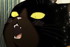 a black cat with yellow eyes and fangs on it's face next to a curtain