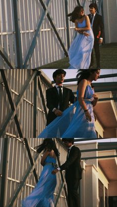 several people in formal wear standing on the side of a building