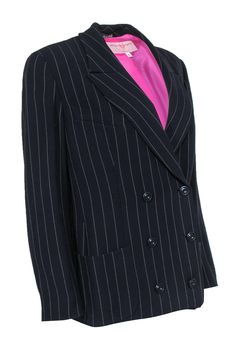 Go for a professional look with some added edge with this pinstriped jacket from Emanuel Ungaro! Made with a relaxed silhouette, this is the perfect piece to wear with sheath dresses and your favorite heeled booties for a killer office look! Size 12 (IT 46) Made in Italy 57% Wool, 40% Viscose, 3% Polyester Double breasted silhouette Front button closures Peak lapel Exterior pockets Padding in shoulders Waist 37" Sleeve 22" Shoulder to hem 26" Elegant Striped Spring Suit, Chic Striped Suits With Notch Lapel, Chic Striped Notch Lapel Suit, Chic Striped Suits For Office, Elegant Vertical Stripe Outerwear For Spring, Chic Pinstripe Suits For Office, Elegant Striped Pattern Outerwear For Business Casual, Elegant Striped Outerwear For Business Casual, Striped Long Sleeve Office Suits