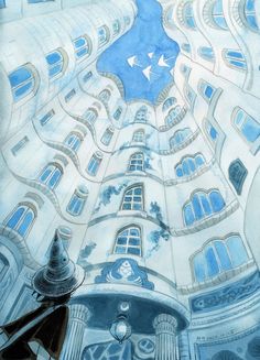 an artistic drawing of a building with blue windows