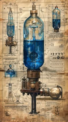 a blueprinted drawing of an old fashioned machine