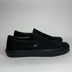 Vans Classic Slip-On Color: Triple Black Condition: New Item Number: Vn00eyebka Black Sporty Slip-ons With Cushioned Footbed, Black Slip-on Sneakers For Streetwear With Round Toe, Black Vans Sneakers With Rubber Sole, Black Vans Sneakers With Round Toe, Black Slip-on Sneakers With Vulcanized Sole, Black Sporty Slip-ons With Rubber Sole, Sporty Black Slip-ons With Cushioned Footbed, Black Cushioned Slip-on Sneakers, Vans Black Sneakers With Cushioned Footbed