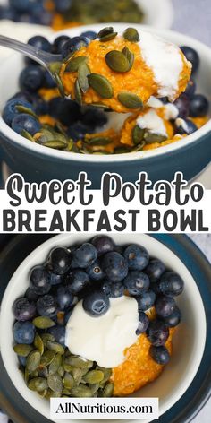 sweet potato breakfast bowl with yogurt and blueberries