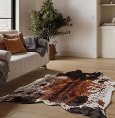 a living room with a couch and rug on the floor