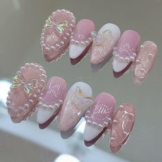 +.* ♡ | Handmade Beautiful Press On Nails |+.* ♡  +.* ♡  | Nail Prep Kit | +.* ♡  * 10 False Press On Nails * Nail Glue * Nail File * Free Stickers    size shown in photo is medium almond +.* ♡ | These are beautiful, high quality, Coquette Pink Nails. Custom made with lots of love. Shipping takes 2-3 business days. | +.* ♡  Message if any concerns arise 🫶 Etsy Press On Nails, Press On Nails Ideas, Coquette Nails, Fake Nails Designs, Cute Simple Nails, Medium Almond, Nail Prep, Cute Nail Art Designs, Girly Acrylic Nails