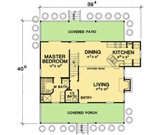 the floor plan for a small house with two master suites and an attached kitchen area