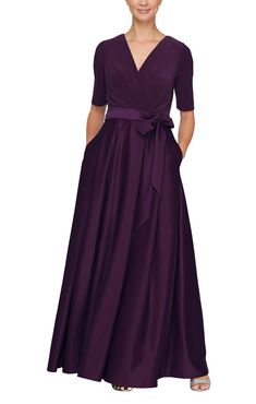 Surplice Neckline Ballgown with Full Satin Skirt & Jersey Bodice Belted Long Dress, Winter Wedding Outfits, Evening Gowns With Sleeves, Formal Dresses With Sleeves, Mother Of Groom Dresses, Formal Cocktail Dress, Mob Dresses, Neckline Dress, Surplice Neckline