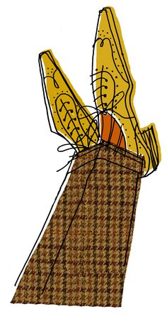 a drawing of a hand holding a bag with an orange and brown checkered pattern