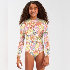 Nwt Billabong Girls Windsong Long Sleeve Swimsuit. Multi. Upf 50 Billabong Girls, Billabong Swim, Sleeve Swimsuit, Long Sleeve Swimsuit, Kids Swimming, Rash Guard, Billabong, Upf 50, Pink Yellow