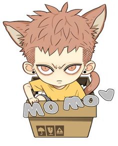 an anime character sitting in a box with the word mom on it's chest