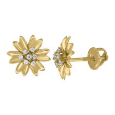 925 Sterling Silver Yellow-Tone Women Cubic-Zirconia Flower Stud Earrings, clasp: Screw Back, Polished, Metal weight: 1.8 gram Flower-shaped Cubic Zirconia Diamond Earrings With Accents, Fine Jewelry Diamond Earrings With Flower Shape, Classic Diamond Earrings With Flower Accents, Anniversary Flower Diamond Earrings With Diamond Accents, Sterling Silver Diamond Earrings With Flower Accents, Flower-shaped Sterling Silver Diamond Earrings With Accents, Anniversary Yellow Gold Flower Earrings With Diamond Accents, Classic Earrings With Diamond Accents In Flower Shape, Gold Flower Earrings With Brilliant Cut