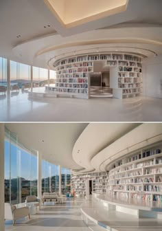 two pictures of the inside of a library with bookshelves and couches in it