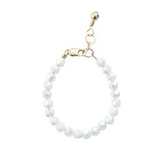 A bright white bead that sparkles like the the snow in sunshine. It's the ultimate neutral bracelet! The perfect accessory for every little girl! Made with the highest quality materials, this bracelet will look beautiful for years to come. Durable enough for play, precious enough to keep forever. Materials: 14k gold filled or sterling silver components. Nickel free. To learn more about our materials and what makes gold filled unique read here. Features: Each bracelet has a ½” extender chain to a Adjustable Crystal Bracelet With Pearl Charm, White Beaded Bracelets With Lobster Clasp, Adjustable White Round Pearl Bracelet, Everyday White Crystal Bracelet With Faceted Beads, Everyday White Pearl Bracelet With Extender, Adjustable Hypoallergenic White Pearl Bracelet, Nickel Free White Stretch Bracelet As Gift, Nickel-free White Stretch Bracelet As Gift, Adjustable Beaded Pearl White Crystal Bracelet