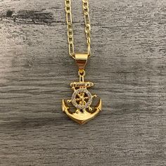 Gold plated necklace with cubic zirconia  Pendant measures: 3cm long x 2cm wide  3MM Figaro chain. You choose the length Pendant For Men Gold, Anchor Theme, Men's Necklace Gold, Mens Gold Chain Necklace, Closed Terrarium, Gold Pendants For Men, Metal Art Jewelry, Tom Welling, Pendant For Men