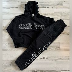 Nwt Adidas Girls Lightweight Hoodie And Pant Set Size S (7/8) Made Of 100% Cotton Comes From A Smoke Free Home Adidas Cotton Activewear For Fall, Sporty Cotton Hooded Tracksuit, Casual Adidas Tracksuit For Sports, Black Hoodie For Jogging, Black Hooded Tracksuit For Sports, Black Cotton Sweats Sportswear, Black Cotton Sportswear Sweats, Black Cotton Sweats For Workout, Adidas Fleece Activewear For Streetwear