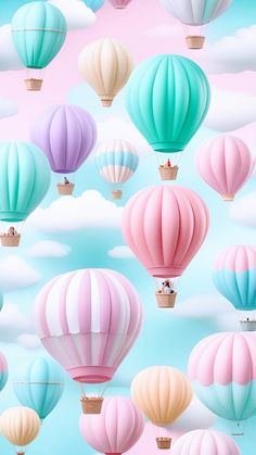 colorful hot air balloons floating in the sky with clouds behind them, all painted pink and blue