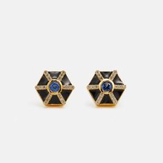 Black Enamel Hexagon Stud Earrings with beautiful Sapphires in the centre would be a perfect birthday or anniversary gift for Style conscious minimalist style lover.  Made of certified highest quality brass with careful black enamelling. Premium 24k gold plating with e-coating for long lasting wear. Hypoallergenic: lead-free, cadmium-free, nickel-free - premium costume jewellery that won't turn your skin black or green. Sedex Sustainability certification. Danish Quality standard (even higher tha Luxury Black Enamel Earrings For Anniversary, Trendy Earrings 2023, Earrings 2023, Hexagon Earrings, Earrings Sapphire, Sapphire Stud Earrings, Sapphire Birthstone, Sapphire Earrings Studs, Sapphire Studs