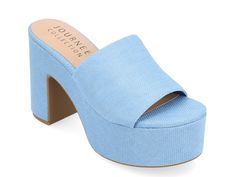 Summer Block Heel Sandals In Fabric, Summer Fabric Sandals With Block Heel, Trendy Fabric Sandals For Summer, Summer Platform Sandals With Fabric Material, Casual Blue Platform Slippers For Summer, Trendy Summer Platform Slippers With Block Heel, Casual Chunky Platform Heels For Summer, Casual Summer Chunky Platform Heels, Blue Synthetic Platform Slippers For Summer