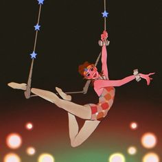 a woman on a swing with stars in the background