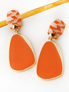 Ruahh Aso Beveled Drop Earrings - Ruahh Bold Design Earrings For Party, Modern Orange Drop Earrings, Trendy Bold Design Earrings, Orange Metal Earrings For Parties, Orange Pierced Earrings For Formal Occasions, Orange Dangle Earrings For Formal Occasions, Formal Orange Pierced Earrings, Trendy Orange Drop Earrings, Orange Metal Jewelry With Matching Earrings