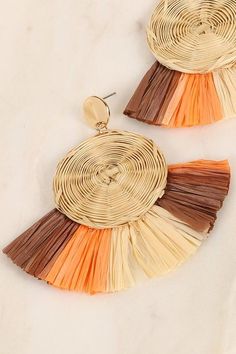 Round Rattan Raffia Fringe Dangle Earrings – BPosh Beauty Bar & Boutique Brown Bohemian Tassel Earrings For Summer, Bohemian Brown Tassel Earrings For Summer, Brown Dangle Tassel Earrings For Summer, Orange Fringe Tassel Earrings For Summer, Spring Beach Earrings With Fringe, Brown Tassel Earrings For Summer, Bohemian Brown Earrings For Spring, Summer Brown Tassel Earrings, Summer Beach Fringe Earrings