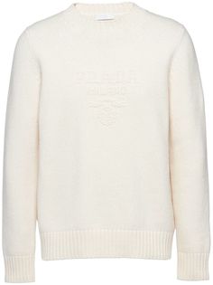 cream white wool-cashmere blend knitted construction embroidered logo to the front crew neck long sleeves ribbed cuffs and hem Luxury Crew Neck Sweater With Logo Detail, Luxury Crew Neck Sweater With Embroidered Logo, Classic White Sweater With Ribbed Neckline, Luxury Long Sleeve Sweater With Logo Detail, Luxury Long Sleeve Sweater With Logo, Classic Crew Neck Sweater With Embroidered Logo, Classic Cream Sweater With Ribbed Cuffs, Classic Winter White Sweater With Ribbed Cuffs, Designer White Winter Sweatshirt