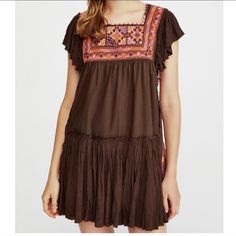 Nwt Free People Boho Embroidered Brown Gauzy Open Back Dress Square Neck Size: Medium Look Fashionable And Captivating In This Nwt Free People Boho Embroidered Brown Gauzy Open-Back Dress Featuring A Square Neckline. Its Lightweight Design And Airy Fabric With Beautiful Intricate Embroidery Adds Versatility To Any Look. Its Open Back Adds An Alluring Detail, While Its Comfortable Fit Allows For Easy Movement. Be Confident For Any Occasion And Put The Finishing Touch On Your Outfit With This Soph Brown Peasant Style Dress, Brown Embroidered Cotton Dresses, Bohemian Embroidered Mini Cotton Dress, Bohemian Embroidered Cotton Dress In Mini Length, Bohemian Cotton Embroidered Mini Dress, Brown Peasant Summer Dress, Bohemian Mini Dress With Embroidered Hem, Bohemian Embroidered Mini Dress, Orange Embroidered Bohemian Dress