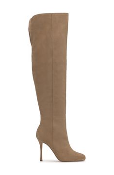 Faux suede brings rich texture to this almond-toe boot crafted in an over-the-knee silhouette that is further elevated on a lofty stiletto. 3 3/4" heel 21 3/4" shaft; 14 1/4" regular calf circumference 21 3/4" shaft; 16" wide calf circumference Inset side-zip closure Textile upper/synthetic lining and sole Imported Tall Suede High Heeled Boots, Chic Tall Suede Heeled Boots, Chic Suede Knee-high Boots With Reinforced Heel, Suede Heeled Boots With Pointed Toe, Elegant Thigh High Suede Boots, Elegant Thigh-high Suede Heeled Boots, Chic Beige Suede Knee-high Boots, Beige Fitted Suede Knee-high Boots, Chic Over The Knee Suede Boots