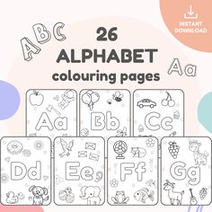 the alphabet coloring pages are shown with different letters and numbers on them, along with an image