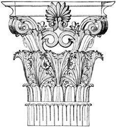 an architectural drawing of a column with flowers and leaves on the top, vintage line drawing or engraving illustration