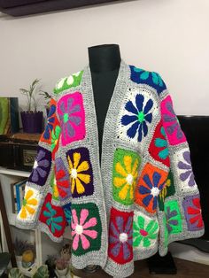 Floral Colorful Cardigan made from Acrylic , Own-Designed Colorful Floral Cardigan Multicolor Shawl Outerwear For Spring, One Size Multicolor Spring Cardigan, Spring Multicolor Patchwork Cardigan, Multicolor Patchwork Cardigan For Spring, Multicolor Shawl Cardigan For Winter, Multicolor Granny Square Cardigan One Size, One Size Multicolor Granny Square Cardigan, Colorful Crochet Outerwear For Spring, One-size Multicolor Patchwork Cardigan