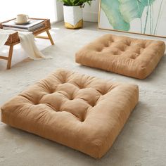 two brown futons sitting on top of a white rug in a living room