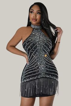 Kayleigh Beaded Fringe Halter Dress Sequin Decor, Sequin Bodycon Dress, Plunging Neck, Mesh Overlay, Plus Size Shopping, Beaded Fringe, Formal Looks, Tube Dress, Halter Neckline