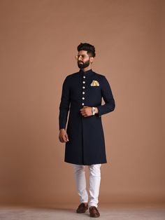 Blue Traditional Wear With Dabka For Groom, Blue Traditional Wear For Groom, Fitted Blue Kurta For Groom, Blue Long Sleeve Traditional Wear For Groom, Blue Sherwani For Groom Diwali Occasion, Blue Traditional Wear For Semi-formal Eid, Blue Semi-formal Traditional Wear For Diwali, Blue Sherwani For Wedding, Blue Semi-formal Traditional Wear For Eid