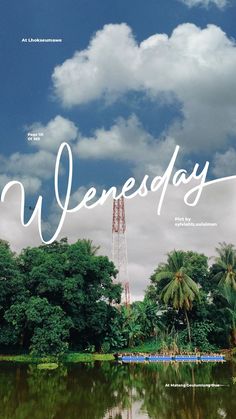 the cover of wednesday magazine with trees and water in the foreground, on a cloudy day