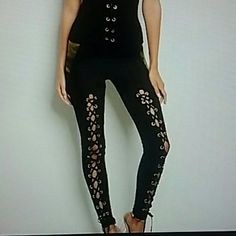 Black Lace Up Leggings. Edgy Tight Black Bottoms, Edgy Black Tight Pants, Tight Black Bottoms For Spring, Edgy High-rise Stretch Leggings, Edgy Fitted Leggings For Spring, Edgy High Rise Stretch Leggings, Spring Black Tight Pants, Casual Black Summer Leggings, Edgy Black Stretch Leggings