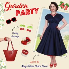 Have a garden party in our Navy Sateen Grace Dress!🍒😍 Her soft sateen fabric is perfect for the Summer and will hug your figure beautifully. Twirl around in the full circle skirt and don't forget to add a gorgeous Petticoat for more volume!💃🏻❤️  #vivienofholloway @vivienofholloway   #madeinlondon #vintagestyle #vintagefashion #retro #pinupstyle #gracedress #1950sdress #50sstyle #sateendress #navydress #vintagegardenparty #summerdress #vintagesummer 1950s Style Dresses For Retro-themed Spring Events, Retro Cotton Party Dress, Retro Cotton Dress For Party, Fitted Dresses For 1950s Retro-themed Events, Fitted 1950s Style Dresses For Retro Events, 1950s Style Fitted Dress For Retro-themed Events, 1950s Style Fitted Dress For Retro Events, V-neck Cotton Dress With Fitted Bodice, Cotton V-neck Dress With Fitted Bodice