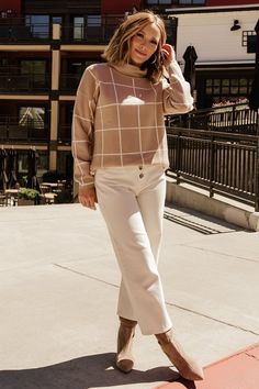 Tahoe Turtleneck Sweater | Taupe + Cream Chic Cream Sweater For Fall, Long Sleeve Taupe Sweater For Fall, Trendy Beige Sweater For Work, Trendy Beige Sweater For Workwear, Chic Long Sleeve Neutral Sweater, Chic Cream Turtleneck Sweater, Chic Taupe Sweater For Fall, Beige Sweater For Workwear In Fall, Beige Sweater For Fall Workwear