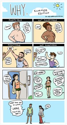 a comic strip with an image of a man and woman in swimsuits talking to each