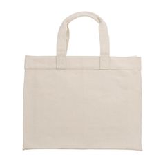 a white canvas bag with handles on the front and side, sitting against a white background